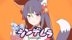 Rule 34 | 1girl, animal ears, bell, black hair, blush, cinderella (vocaloid), closed mouth, commentary request, fox ears, fox tail, glass slipper, highres, holding, holding clothes, holding footwear, jingle bell, kitsunegasaki tametsugu (tenka hyakken), long hair, looking at viewer, official alternate costume, orange background, out of frame, raised eyebrow, santa costume, sidelocks, solo, tail, tenka hyakken, upper body, yellow eyes, yukumo yuki