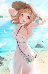 Rule 34 | 1girl, :d, arm up, bag, bare arms, bare shoulders, between breasts, blue sky, blush, breasts, brown eyes, brown hair, brown hat, cleavage, cloud, cloudy sky, collarbone, day, dress, hand on headwear, hand up, hat, highres, idolmaster, idolmaster shiny colors, kinako (shiratama mochi), medium breasts, ocean, open mouth, outdoors, sakuragi mano, shoulder bag, signature, sky, sleeveless, sleeveless dress, smile, solo, strap between breasts, straw hat, sundress, sunlight, twitter username, water, wind turbine, windmill