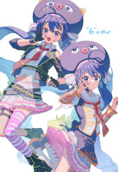 Rule 34 | 2girls, ahoge, arm guards, armband, belt, black belt, black footwear, black gloves, black jacket, blue eyes, blue hair, blue headwear, buttons, chain, closed mouth, collared shirt, confetti, dual persona, facial mark, fishnet thighhighs, fishnets, frilled skirt, frills, gloves, highres, jacket, kneehighs, layered skirt, legwear garter, long hair, long sleeves, low twintails, multiple girls, musical note, necktie, off shoulder, ok sign, open clothes, open jacket, open mouth, orange trim, otomachi una, otomachi una (spicy), otomachi una (sugar), partially fingerless gloves, pink skirt, pink thighhighs, pink trim, red necktie, sailor collar, shirt, short sleeves, single thighhigh, skirt, sleeves past elbows, socks, striped clothes, striped thighhighs, suiso sn3, teeth, thighhighs, twintails, upper teeth only, v-shaped eyebrows, vocaloid, white sailor collar, white skirt, white socks, white thighhighs