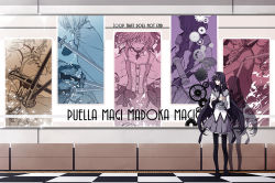 Rule 34 | 10s, 5girls, akemi homura, black hair, boots, braid, checkered floor, cutlass, english text, floor, fortissimo, gloves, gun, hair ornament, hairband, high heels, kaname madoka, long hair, magical girl, magical musket, mahou shoujo madoka magica, mahou shoujo madoka magica (anime), miki sayaka, multiple girls, musical note, musical note hair ornament, musket, pantyhose, purple eyes, ribbon, sakura kyoko, sakuraba yuuki, shield, short hair, short twintails, skirt, tomoe mami, twin braids, twintails, very long hair, weapon