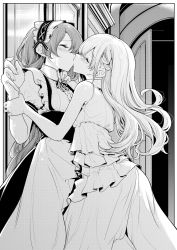 Rule 34 | 2girls, arm grab, blush, commentary request, closed eyes, greyscale, highres, indoors, kiss, long hair, maid, maid headdress, monochrome, multiple girls, original, standing, sweatdrop, yuri, zanka (the-only-neat)