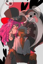 Rule 34 | 1boy, 1girl, age difference, aged down, black wings, dark-skinned male, dark skin, dress, ghost, hair slicked back, hat, highres, holding, long hair, male focus, ming shu hua, one piece, open mouth, perona, pink hair, s-hawk, seraphim (one piece), shirt, smile, top hat, white hair, white shirt, wings, yellow eyes