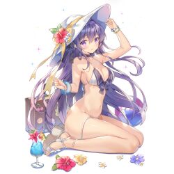Rule 34 | 1girl, arm up, artist request, ball, bare legs, beachball, bikini, bracelet, breasts, choker, cleavage, final gear, flower, from side, full body, hair between eyes, hair ribbon, hand on headwear, hat, hat flower, hat ribbon, hibiscus, highres, jewelry, large breasts, long hair, navel, official art, parted lips, purple eyes, purple hair, ribbon, sandals, seiza, side-tie bikini bottom, sidelocks, simple background, sitting, solo, sun hat, swimsuit, tachi-e, third-party source, transparent background, untied bikini, viola (final gear)