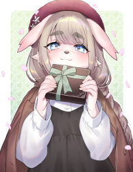 Rule 34 | 1boy, animal ears, beret, blue eyes, blush, border, box, braid, brown dress, brown jacket, cherry blossoms, closed mouth, commentary request, dog boy, dog ears, dress, eyelashes, falling petals, flower ornament, furry, furry male, gift, gift box, green background, green ribbon, hat, highres, holding, holding gift, jacket, jacket on shoulders, long hair, long sleeves, male focus, manami (fearfac666), outside border, petals, pink fur, ribbon, shirt, smile, solo, tanetomo (housamo), thick eyebrows, tokyo houkago summoners, upper body, white border, white shirt