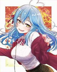 Rule 34 | 1girl, ahoge, autumn leaves, belt, biten, blue hair, blush, bow, breasts, heart, heart ahoge, highres, hololive, jacket, large breasts, long hair, looking at viewer, nail polish, open mouth, plaid, plaid skirt, pointy ears, red jacket, red nails, shirt, signature, skirt, sleeves past wrists, smile, solo, virtual youtuber, white shirt, yellow eyes, yukihana lamy