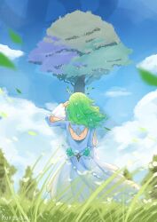 1girl absurdres antlers artist_name back ceres_fauna ceres_fauna_(1st_costume) cloud flower from_behind grass hair_flower hair_ornament highres hololive hololive_english horns leaf long_hair pyrokuro sky solo tree virtual_youtuber