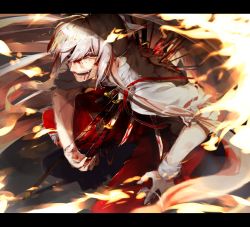 Rule 34 | 1girl, blood, blood from mouth, blood in hair, blood on clothes, blood on face, blood on hands, bloody weapon, bow, collared shirt, commentary request, fangs, fire, fujiwara no mokou, fuuga (perv rsity), hair bow, hand on thigh, highres, impaled, letterboxed, long hair, long sleeves, looking at viewer, lower teeth only, ofuda, ofuda on clothes, open mouth, pants, puffy pants, pyrokinesis, red eyes, red pants, shirt, sidelocks, smile, solo, squatting, suspenders, sweatdrop, sword, teeth, torn clothes, torn shirt, touhou, two-tone bow, upper body, upper teeth only, weapon, white hair, white shirt, wing collar, wrist cuffs