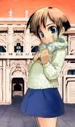 Rule 34 | blue eyes, blush, brown hair, satou toshiyuki, short hair, skirt, solo, sunset, sweater