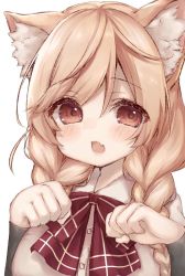 Rule 34 | 1girl, animal ears, arm warmers, bow, bowtie, braid, brown eyes, cat ears, cloud hair ornament, commentary request, fang, highres, kantai collection, light brown hair, long hair, looking at viewer, minegumo (kancolle), open mouth, paw pose, plaid, plaid bow, plaid bowtie, plaid neckwear, red bow, red bowtie, shirt, simple background, skin fang, solo, twin braids, upper body, ushida nakoruru, white background, white shirt