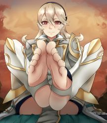 Rule 34 | 1girl, absurdres, armor, black hairband, closed mouth, collaboration, corrin (female) (fire emblem), corrin (fire emblem), ethan(33327245), eyebrows, feet, feet up, female focus, fire emblem, fire emblem fates, foot focus, hair between eyes, hairband, highres, long hair, looking at viewer, nintendo, official alternate costume, omegazero01, pointy ears, red eyes, shoulder armor, sitting, smile, soles, solo, split mouth, toeless legwear, toenails, toes, white armor