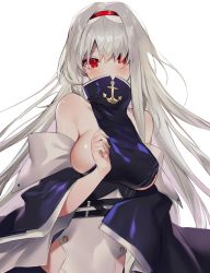 Rule 34 | 1girl, asagi yuna, azur lane, bare shoulders, blush, breasts, colorado (azur lane), covered mouth, hairband, highres, large breasts, long hair, red eyes, sideboob, upper body, white hair