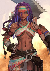Rule 34 | 1girl, anchor tattoo, ankle holster, arm pouch, bandaged fingers, bandages, beads, belt, criss-cross halter, dark skin, darli dagger, dreadlocks, female focus, hair beads, hair ornament, halterneck, huge weapon, hungry clicker, looking at viewer, multiple belts, muscular, muscular female, navel, samurai spirits, saw, saw cleaver, shoulder tattoo, solo, tattoo, tool belt, tools, upper body, very dark skin, weapon