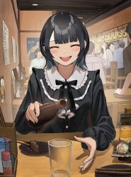 Rule 34 | :d, absurdres, black bow, black bowtie, black hair, blunt bangs, blush, bottle, bow, bowtie, chopsticks, closed eyes, collar, cup, douryou (buta5813), drinking glass, food, frilled collar, frills, highres, holding, holding bottle, indoors, izakaya, long sleeves, medium hair, open mouth, original, pov across table, restaurant, smile, solo focus, tetto (onnoveltet)