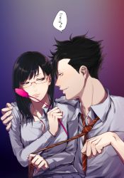 Rule 34 | 10s, 1girl, arm around shoulder, black eyes, black hair, cat teaser, closed mouth, collared shirt, dress shirt, eyelashes, glasses, gradient background, haikyuu!!, hand on another&#039;s shoulder, hannyag, hetero, highres, kuroo tetsurou, light frown, lips, long hair, long sleeves, looking at another, looking to the side, mole, mole under mouth, necktie, necktie grab, neckwear grab, parted lips, paw pose, pleated skirt, profile, pulling, rimless eyewear, shimizu kiyoko, shirt, skirt, smirk, speech bubble, striped necktie, striped neckwear, swept bangs, upper body, white shirt