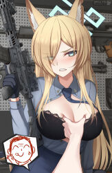 Rule 34 | 1boy, 1girl, animal ear fluff, animal ears, ar-15, assault rifle, black bra, black gloves, blue archive, blue eyes, blue halo, blue necktie, blue shirt, blush, bra, collared shirt, deep skin, dog ears, dog girl, doodle sensei (blue archive), eyes visible through hair, gloves, grabbing, grabbing another&#039;s breast, groping, gun, h&amp;k psg1, hair over one eye, halo, highres, holding, holding gun, holding weapon, kanna (blue archive), lace, lace-trimmed bra, lace trim, long hair, magazine (weapon), mikhail n, necktie, open clothes, open shirt, pegboard, pencil skirt, rifle, scope, scowl, sensei (blue archive), sharp teeth, shirt, shotgun, skirt, sniper rifle, speech bubble, teeth, tongue, tongue out, unbuttoned, underwear, very long hair, weapon