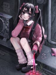 Rule 34 | 1girl, aegyo sal, alley, black footwear, black hair, black skirt, blush, bored, bow, bowtie, can, candy, cardigan, cat hair ornament, cigarette butt, closed mouth, collared shirt, commentary request, condenser unit, crayon, drink can, energy drink, flower, food, full body, grey background, hair bow, hair ornament, highres, holding, holding can, industrial pipe, leg warmers, lollipop, long hair, long sleeves, min (mts2314), monster energy, original, outdoors, pink bow, pink cardigan, pleated skirt, pouring, red bow, red bowtie, shirt, shoes, sign, sitting, skirt, soda can, solo, syu-chan (min), twintails, very long hair, white flower, white shirt