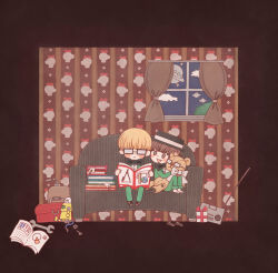 Rule 34 | 2boys, black bow, black bowtie, black headwear, blonde hair, blush stickers, book, book stack, bow, bowtie, box, brown eyes, brown hair, couch, curtains, doseisan, gift, gift box, glasses, green jacket, green pants, highres, jacket, jeff andonuts, male focus, mother (game), mother 2, multiple boys, nintendo, open book, open mouth, pants, radio, robot, sasa (toriiro), shirt, shoes, socks, stuffed animal, stuffed toy, teddy bear, tony (mother 2), toolbox, unworn shoes, white shirt, white socks, window, wrench
