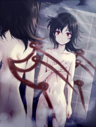 Rule 34 | 1girl, asymmetrical wings, black hair, collarbone, commentary request, convenient censoring, cowboy shot, expressionless, flat chest, highres, houjuu nue, mirror, nude, red eyes, reflection, scar, solo, standing, steam, touhou, uranaishi (miraura), wet, wet hair, wing censor, wings