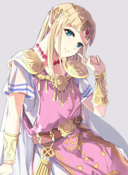 Rule 34 | 1girl, armor, bad id, bad pixiv id, bead necklace, beads, belt, blonde hair, blue eyes, bracer, circlet, closed mouth, collarbone, cowboy shot, dress, finger to cheek, gem, grey background, head tilt, highres, jewelry, long hair, looking at viewer, necklace, nintendo, parted bangs, pauldrons, pointy ears, princess zelda, red gemstone, short sleeves, shoulder armor, sidelocks, simple background, smile, solo, super smash bros., tabard, the legend of zelda, the legend of zelda: a link between worlds, the legend of zelda: a link to the past, tomas (kaosu22), white dress