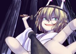 Rule 34 | 1girl, alternate costume, blonde hair, candle, commentary request, evil smile, fire, fire, green eyes, hair between eyes, half updo, hammer, hashihime, holding, holding hammer, isu (is88), japanese clothes, kimono, looking at viewer, mizuhashi parsee, nail, open mouth, pointy ears, pov, short hair, smile, solo, touhou, upper body, ushi no koku mairi, white kimono