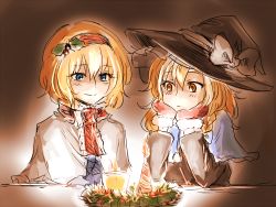 Rule 34 | 2girls, alice margatroid, arm support, ascot, berry, blonde hair, blue eyes, braid, candle, candlelight, capelet, head rest, couple, expressionless, fire, fire, hairband, hat, head rest, holly, kirisame marisa, long hair, long sleeves, mittens, multiple girls, nip to chip, short hair, side braid, sketch, smile, touhou, witch hat, yellow eyes, yuri
