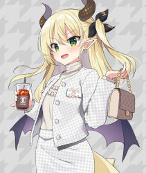 Rule 34 | 1girl, :d, bag, black ribbon, black wings, blonde hair, blush, cup, disposable cup, dragon girl, dragon horns, dragon tail, dragon wings, drink, earrings, green eyes, grey background, grey shirt, hair between eyes, hair ribbon, handbag, hands up, holding, holding cup, horns, houndstooth, houndstooth background, ice, ice cube, indie virtual youtuber, jacket, jewelry, long hair, looking at viewer, low wings, mauve, nivr (vtuber), one side up, open clothes, open jacket, open mouth, pointy ears, print jacket, print skirt, ribbon, shirt, skirt, smile, solo, spiked tail, tail, turtleneck, v-shaped eyebrows, very long hair, virtual youtuber, wings