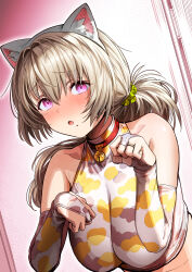 Rule 34 | 1girl, absurdres, animal collar, animal ear fluff, animal ears, bare shoulders, bell, blonde hair, blush, breasts, bridal gauntlets, cat day, cat ears, collar, collarbone, fake animal ears, gibagiba, hair ornament, hair scrunchie, highres, jewelry, large breasts, long hair, mole, mole under mouth, multicolored bridal gauntlets, multicolored shirt, neck bell, open mouth, original, ponytail, purple eyes, red collar, ring, sayama saho (gibagiba), scrunchie, shirt, sleeveless, sleeveless shirt, solo, upper body, yellow scrunchie