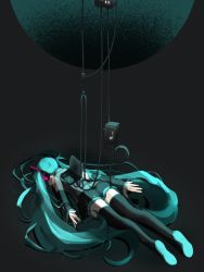 Rule 34 | 1girl, android, aqua hair, bare shoulders, black background, black skirt, black sleeves, black thighhighs, boots, cable, commentary, detached sleeves, digital media player, face down, grey shirt, hair ornament, hatsune miku, headphones, highres, long hair, lying, miniko 0325, miniskirt, on stomach, pleated skirt, shirt, shoe soles, shoulder tattoo, skirt, sleeveless, sleeveless shirt, solo, tattoo, thigh boots, thighhighs, twintails, very long hair, vocaloid, zettai ryouiki