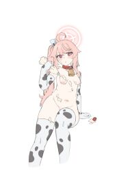 Rule 34 | 1girl, animal collar, animal print, bell, belly, blue archive, breasts, collar, cow print, cowbell, cream on body, halo, hanging breasts, highres, inverted nipples, natsu (blue archive), nipples, nude, pastry bag, pink hair, plump, red eyes, sagging breasts, side ponytail, sokolov (sylviasokolova), thick thighs, thighs