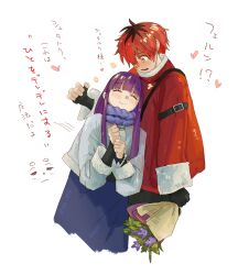 Rule 34 | 1boy, 1girl, absurdres, bchan1582, black gloves, blush, bouquet, bracelet, braided scarf, capelet, clenched hands, closed eyes, coat, commentary request, cowboy shot, cut bangs, fern (sousou no frieren), fingerless gloves, flower, gloves, hair over one eye, hetero, highres, holding, holding bouquet, jewelry, leaning on person, long hair, long sleeves, multicolored hair, open mouth, purple hair, purple scarf, red coat, red eyes, red hair, roots (hair), scarf, sidelocks, simple background, smile, sousou no frieren, standing, stark (sousou no frieren), straight hair, translation request, two-tone hair, white background, white capelet, winter clothes