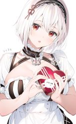 Rule 34 | 1girl, anchor choker, azur lane, bad id, bad twitter id, blush, breasts, character name, choker, collarbone, dated, hair between eyes, hairband, head tilt, highres, lace-trimmed hairband, lace trim, large breasts, looking at viewer, open mouth, puffy sleeves, red eyes, short hair, short sleeves, sidelocks, simple background, sirius (azur lane), solo, twitter username, umibouzu (niito), white background, white hair