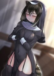 Rule 34 | 1girl, absurdres, animal ears, arknights, black hair, black thighhighs, blurry, blurry background, blush, breasts, brown eyes, cloverse6, commentary, covered navel, crossed bangs, dutch angle, english commentary, garter straps, habit, half-closed eyes, highres, jitome, large breasts, looking at viewer, no panties, nun, own hands clasped, own hands together, pelvic curtain, raccoon ears, raccoon girl, raccoon tail, robin (arknights), short hair, solo, tail, thighhighs