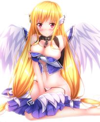 Rule 34 | &gt;:&lt;, 1girl, :&lt;, angel wings, astraea (sora no otoshimono), bad id, bad pixiv id, black panties, blonde hair, blush, breast hold, breasts, cleavage, closed mouth, clothes pull, corset, covering privates, covering breasts, large breasts, long hair, long legs, looking at viewer, navel, panties, red eyes, red legwear, side-tie panties, simple background, sitting, skirt, skirt pull, solo, sora no otoshimono, swordsouls, underwear, untied panties, v-shaped eyebrows, very long hair, wariza, white background, wings