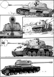 Rule 34 | 10s, bad id, bad twitter id, caterpillar tracks, comic, emblem, firing, flag, gaditava, girls und panzer, greyscale, is-2, military, military vehicle, monochrome, motor vehicle, nature, no humans, outdoors, panther (tank), plant, smoke, tank, tiger ii, vehicle, vehicle focus, white background