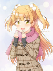 Rule 34 | 1girl, :d, blonde hair, breathing on hands, brown coat, coat, commentary request, fang, hair bobbles, hair ornament, hands up, highres, idolmaster, idolmaster cinderella girls, idolmaster cinderella girls starlight stage, jougasaki rika, kaiware-san, long hair, long sleeves, looking at viewer, open mouth, pink scarf, scarf, sleeves past wrists, smile, solo, twitter username, two side up, upper body, very long hair