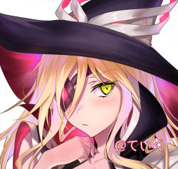 Rule 34 | 1girl, alternate eye color, blonde hair, blush, collarbone, eyepatch, eyes visible through hair, fingernails, glowing, glowing clothes, hair between eyes, hat, highres, long fingernails, long hair, othinus, parted lips, portrait, simple background, solo, toaru majutsu no index, toaru majutsu no index: new testament, twitter username, ulrich (tagaragakuin), upper body, white background, witch hat, x, yellow eyes
