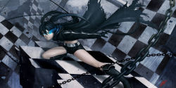 Rule 34 | 10s, 1girl, black hair, black rock shooter, black rock shooter (character), blue eyes, boots, chain, checkered floor, floor, glowing, glowing eye, highres, katana, navel, okita, perspective, short shorts, shorts, solo, sword, twintails, weapon
