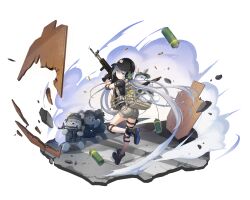 Rule 34 | 1girl, absurdres, alpha transparency, ass, backpack, bag, blue eyes, counter:side, ear protection, elbow pads, gun, han sorim, hat, highres, holding, holding gun, holding weapon, knee guards, long hair, looking at viewer, official art, shorts, smoke, smoke grenade, stuffed animal, stuffed rabbit, stuffed toy, tachi-e, target practice, teddy bear, weapon, white hair