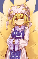 Rule 34 | 1girl, bad id, bad pixiv id, blonde hair, breasts, cowboy shot, fox tail, frown, hat, highres, looking at viewer, medium breasts, mob cap, multiple tails, oborofu, short hair, sleeves past wrists, solo, tabard, tail, touhou, v-shaped eyebrows, yakumo ran, yellow eyes