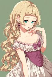 Rule 34 | 1girl, blonde hair, blunt bangs, bow, breasts, cleavage, collarbone, corset, dress, earrings, finger to mouth, gem, green eyes, hand up, highres, jewelry, long hair, looking at viewer, mamyouda, medium breasts, nail polish, original, parted lips, purple bow, purple gemstone, purple nails, short sleeves, signature, smile, solo, upper body, very long hair, wavy hair, white dress