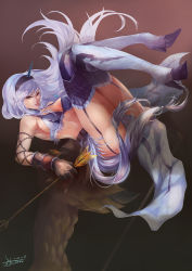 Rule 34 | armpits, arrow (projectile), ass, blue hair, boots, fur trim, garter straps, gloves, hairband, high heel boots, high heels, highres, horns, jewelry, johnson zhuang, kirin (armor), lips, long hair, looking at viewer, monster hunter (series), necklace, orange eyes, panties, single horn, solo, thigh boots, thighhighs, underwear