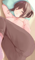 Rule 34 | 1girl, ass, blush, breasts, brown hair, cameltoe, closed eyes, komone ushio, large breasts, open mouth, original, pants, pillow, ponytail, scrunchie, short ponytail, sleeping, socks, sweater