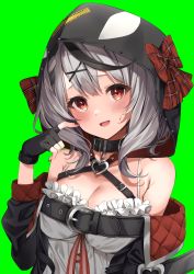 Rule 34 | 1girl, :d, absurdres, animal hood, bare shoulders, belt, black belt, black collar, black gloves, black hair, black jacket, blouse, blush, bow, breasts, cleavage, collar, fingerless gloves, gloves, green background, hair ornament, heart, highres, hololive, holox, hood, hood up, izumi kei, jacket, large breasts, looking at viewer, medium hair, multicolored hair, nail polish, off shoulder, open mouth, orca hood, plaid, plaid bow, red bow, red eyes, red nails, sakamata chloe, sakamata chloe (1st costume), shirt, silver hair, simple background, smile, solo, streaked hair, upper body, virtual youtuber, white shirt, x hair ornament