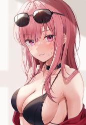 Rule 34 | 1girl, absurdres, armpits, bikini, black bikini, blush, breasts, cleavage, collarbone, eyebrows hidden by hair, hair between eyes, highres, hololive, hololive english, large breasts, long hair, looking at viewer, mori calliope, pink eyes, pink hair, smile, solo, swimsuit, utekiro, virtual youtuber, wet