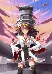 Rule 34 | 1girl, absurdres, ahoge, battlecruiser, boots, brown hair, cannon, cloud, day, detached sleeves, double bun, frilled skirt, frills, hair bun, hairband, hands on own hips, headgear, highres, historical name connection, japanese clothes, kantai collection, kongou (battleship), kongou (kancolle), kongou kai ni (kancolle), long hair, military, military vehicle, name connection, nontraditional miko, object namesake, outdoors, purple eyes, ribbon-trimmed sleeves, ribbon trim, ship, skirt, sky, solo, standing, thigh boots, turret, user wgvw4555, warship, watercraft