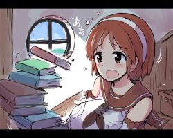 Rule 34 | book, breasts, brown eyes, brown hair, detached sleeves, hairband, holding, holding book, indoors, kantai collection, large breasts, mizumoto tadashi, natori (kancolle), open mouth, short hair, solo, stairs, upper body