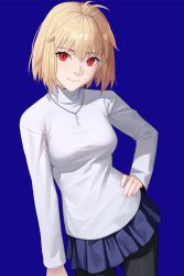 Rule 34 | 1girl, absurdres, antenna hair, arcueid brunestud, arm at side, black pantyhose, blonde hair, blue background, blue skirt, breasts, closed mouth, commentary, drid, hair between eyes, hand on own hip, highres, jewelry, long sleeves, looking at viewer, medium breasts, miniskirt, necklace, pantyhose, pleated skirt, red eyes, shirt, short hair, simple background, skirt, sleeves past wrists, slit pupils, smile, solo, tsukihime, white shirt