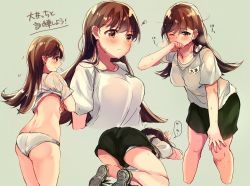 Rule 34 | 1girl, alternate costume, ass, blush, breasts, brown eyes, brown hair, covering own mouth, green footwear, green shorts, grey background, hand over own mouth, heavy breathing, kantai collection, large breasts, long hair, multiple views, name tag, nanahamu, one eye closed, ooi (kancolle), panties, shirt, shoes, shorts, simple background, sneakers, t-shirt, underwear, undressing, white panties, white shirt