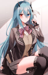 Rule 34 | 1girl, black gloves, black skirt, black tongue, blue eyes, blue hair, blush, bow, brown jacket, cardigan vest, closed mouth, collared shirt, commentary request, commission, diagonal-striped bow, dress shirt, feet out of frame, fingerless gloves, gloves, hair between eyes, hand up, heterochromia, highres, horns, jacket, kinona, long hair, open clothes, open jacket, original, over-kneehighs, pleated skirt, red eyes, shirt, sitting, skeb commission, skirt, solo, thighhighs, very long hair, white shirt