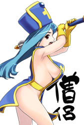 Rule 34 | 1girl, blue hair, blue hat, blue tabard, breasts, chunsoft, covering privates, dragon quest, dragon quest iii, enix, gloves, hat, large breasts, long hair, mace, mitre, naked tabard, nude cover, priest (dq3), red eyes, revealing clothes, sideboob, solo, staff, tabard, usatarou, weapon